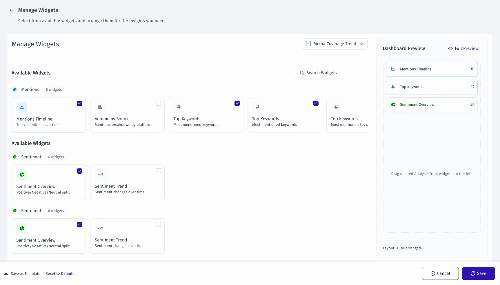 Manage Widgets: available cards grouped by category on the left and the ordered dashboard layout on the right.