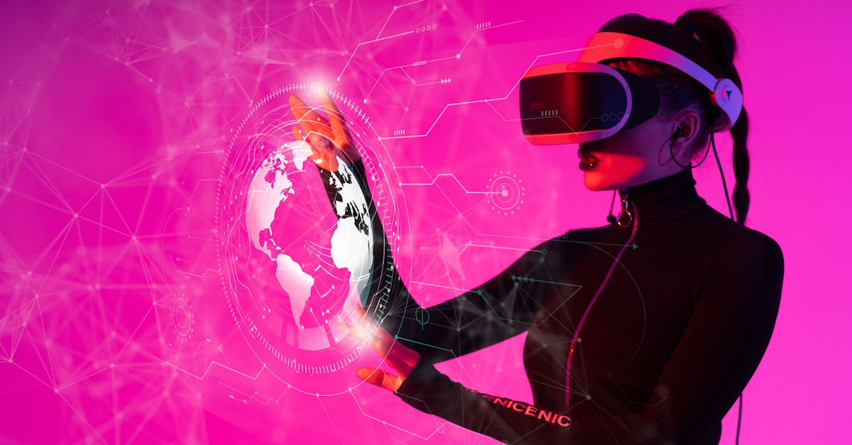 A woman interacts with a VR hologram in a futuristic studio setting.