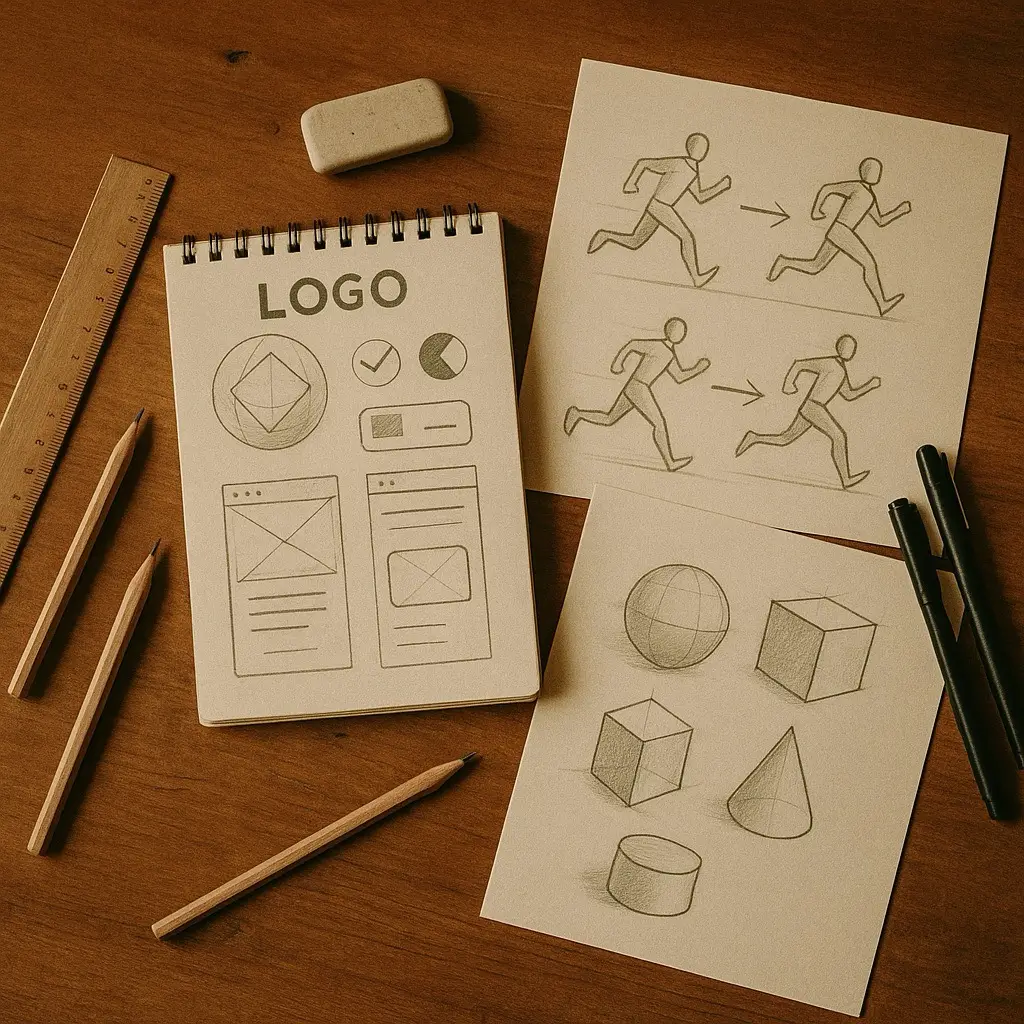 designskisser som ligger på et bord med blyanter, linjal og viskelær