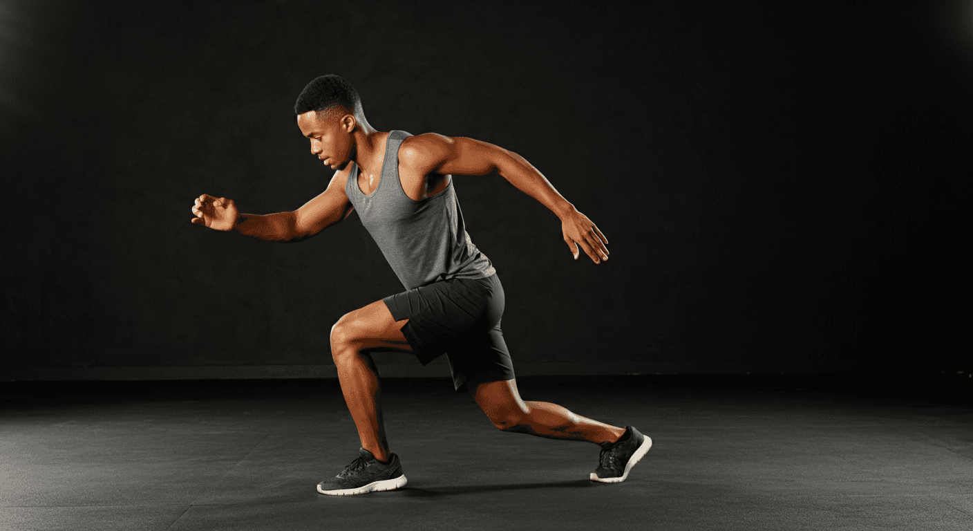 Male athlete performing a lunge with sprint form, emphasizing power, balance, and agility—key elements in athletic rehab, speed training, and injury prevention.
