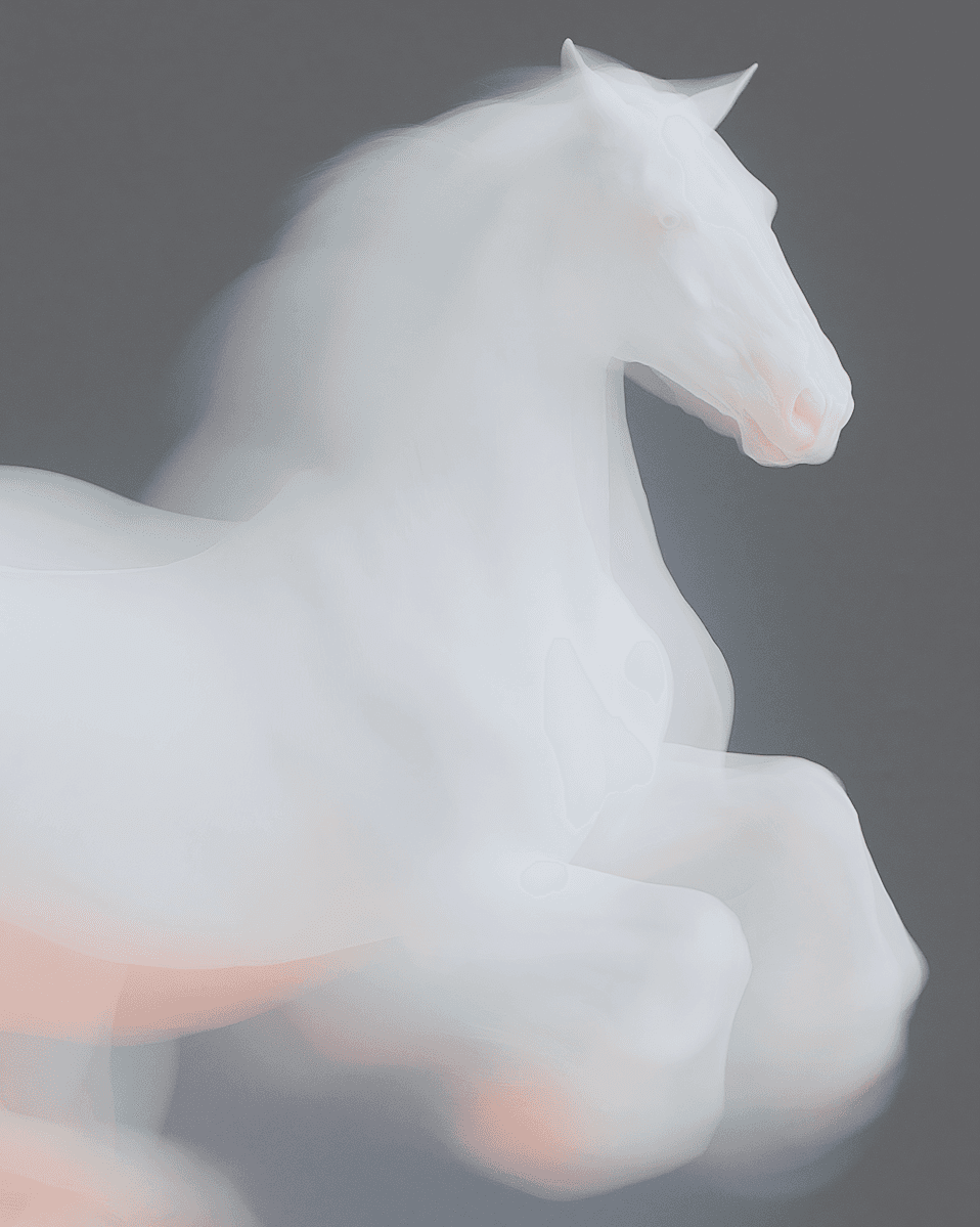 Ethereal white horse, blurred and ghostly, against a gray background. The image exudes a dreamy, mystical atmosphere with soft pink highlights.