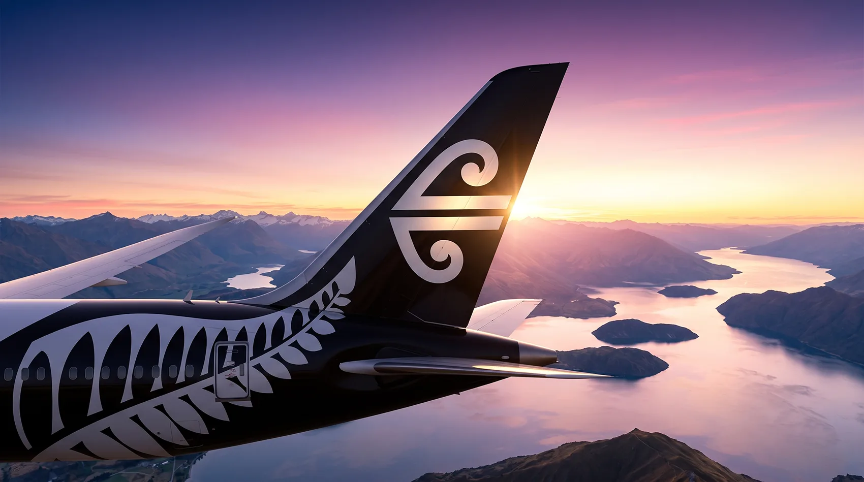 Air New Zealand aircraft tail with white koru and silver fern logo flying over lakes and mountains at sunset
