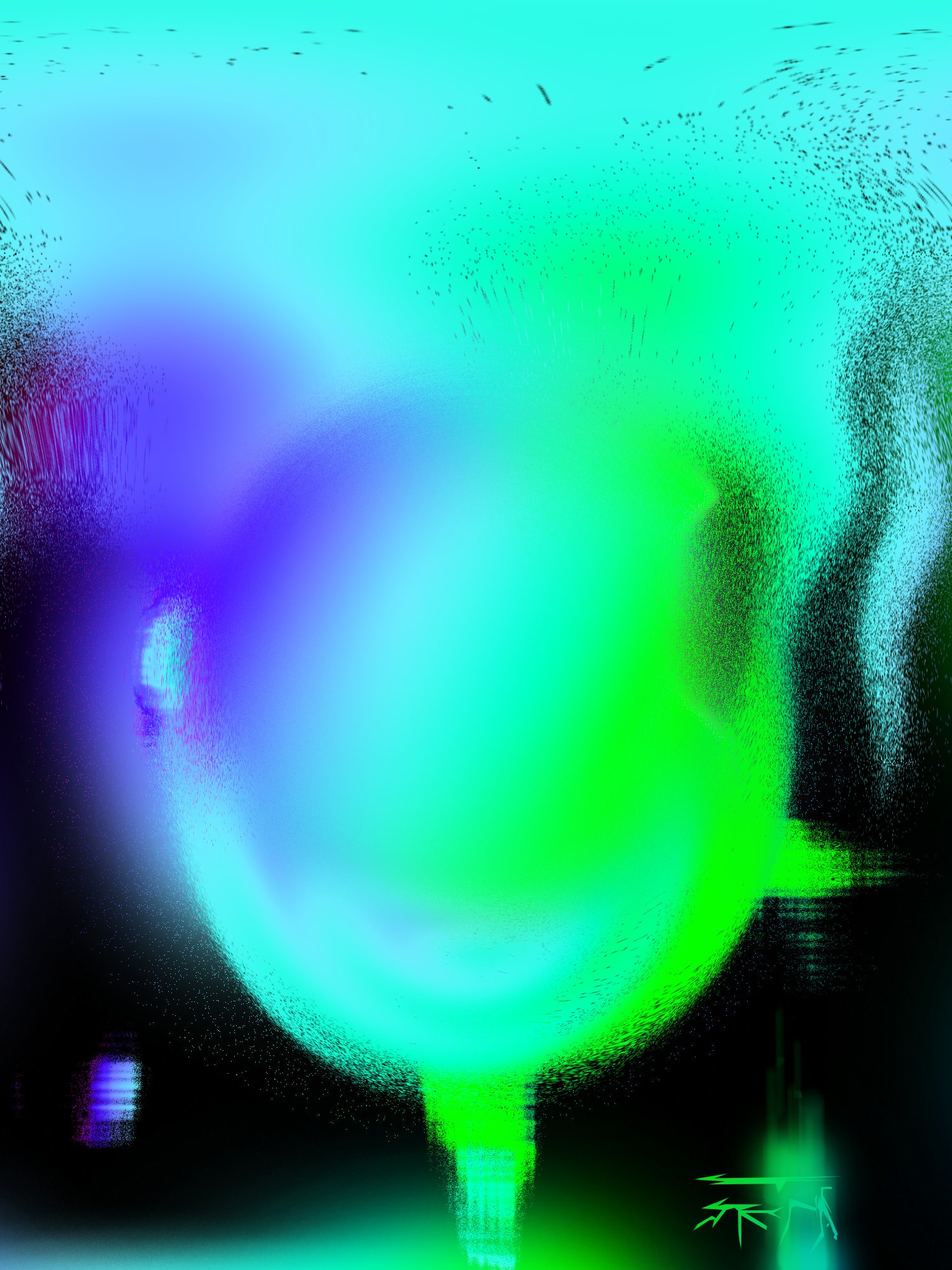 Abstract glowing digital artwork with distorted silhouette and neon gradients^