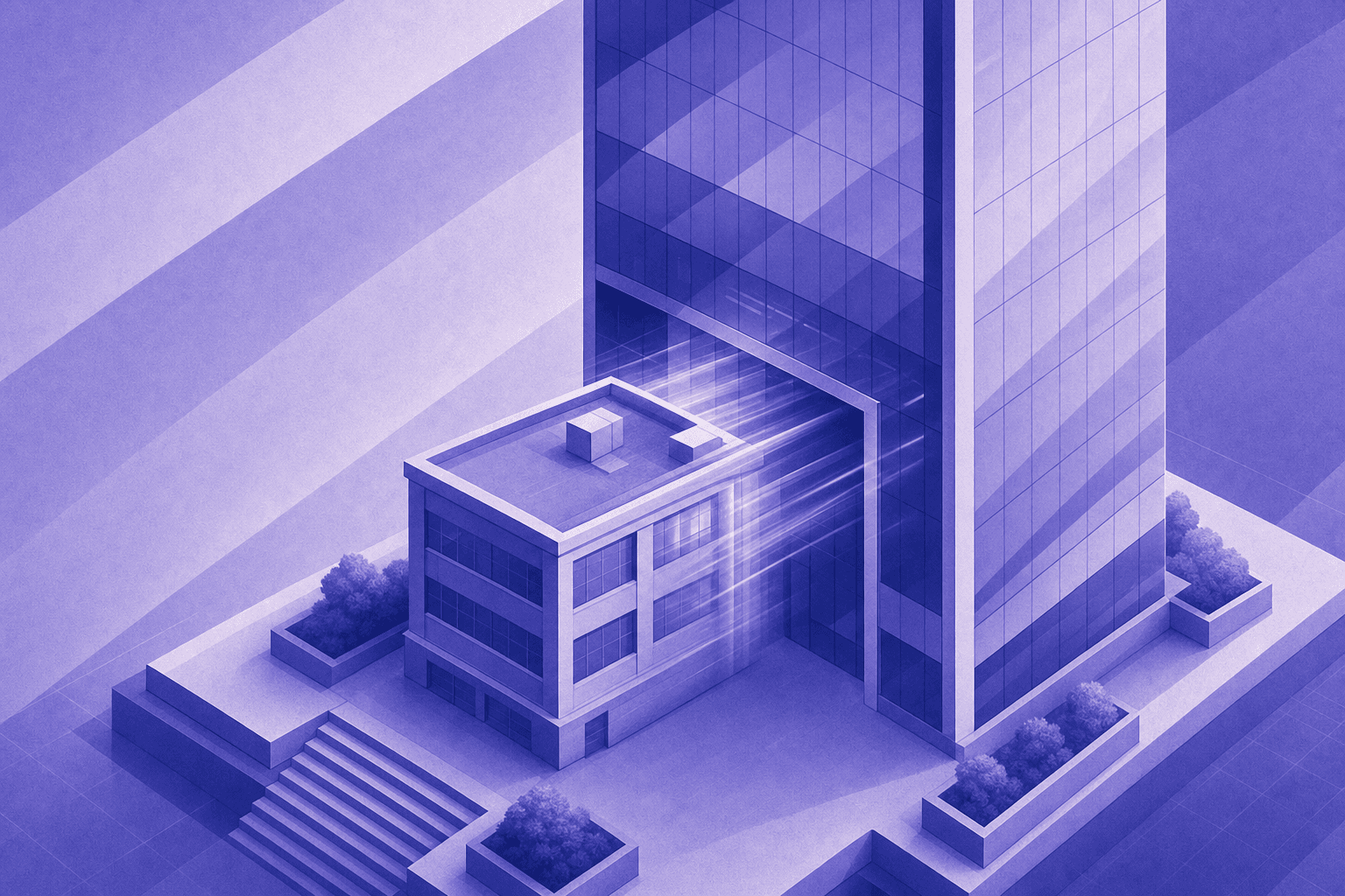 A large corporate building absorbing a smaller standalone building into its structure, illustrated as a clean modern architectural concept with glass and steel, the smaller building seamlessly merging into the larger one, blue and gray color palette, professional business illustration style, no people, no signs