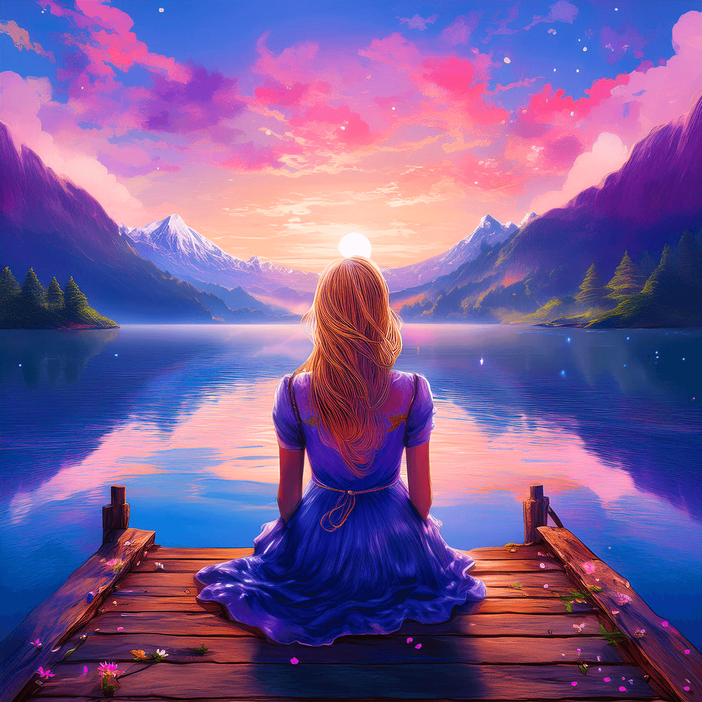 An AI-generated artistic image of a woman sitting at a mountain lake, admiring a sunset.