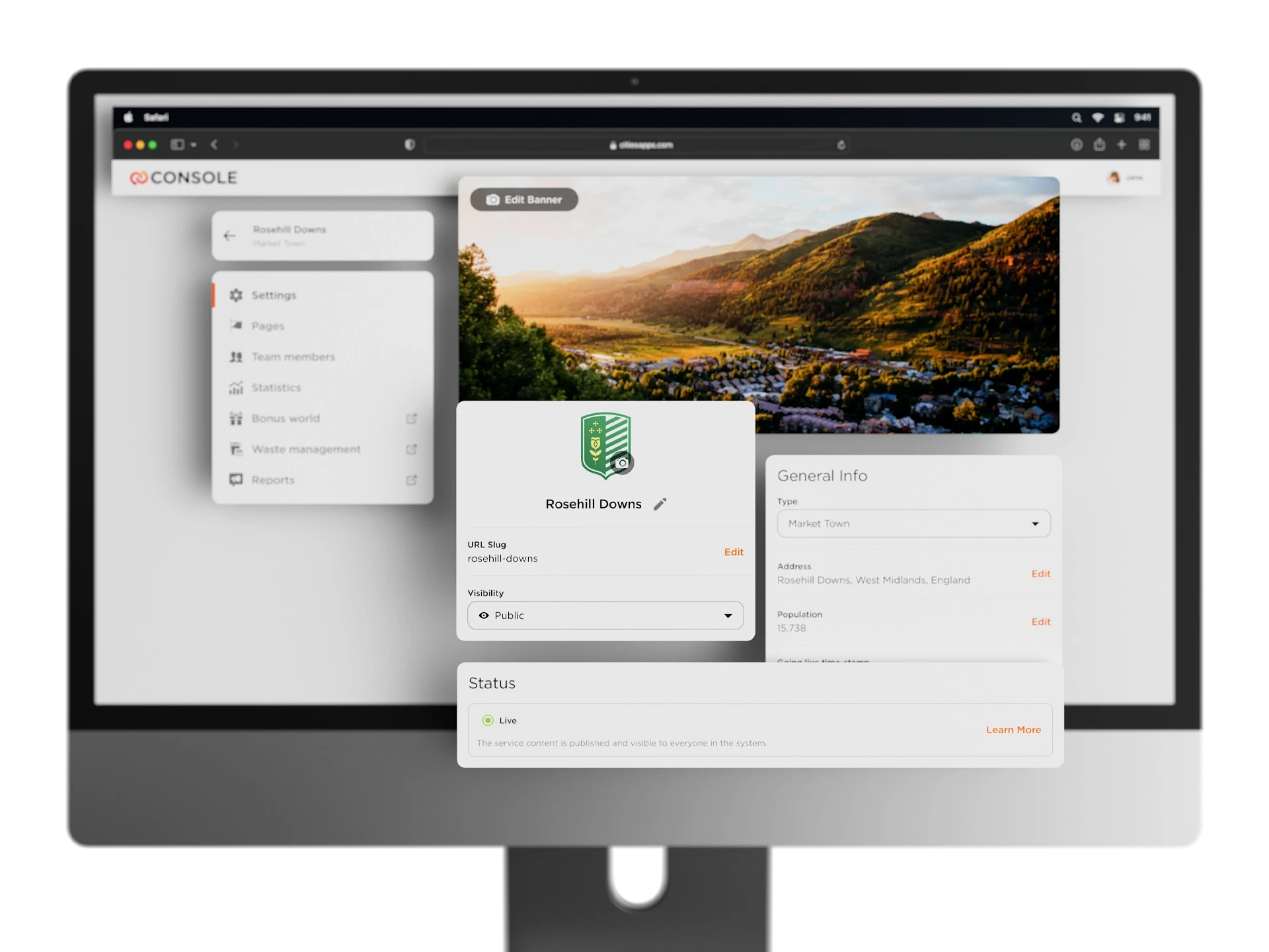 A set of floating administration console cards over a desktop screen.