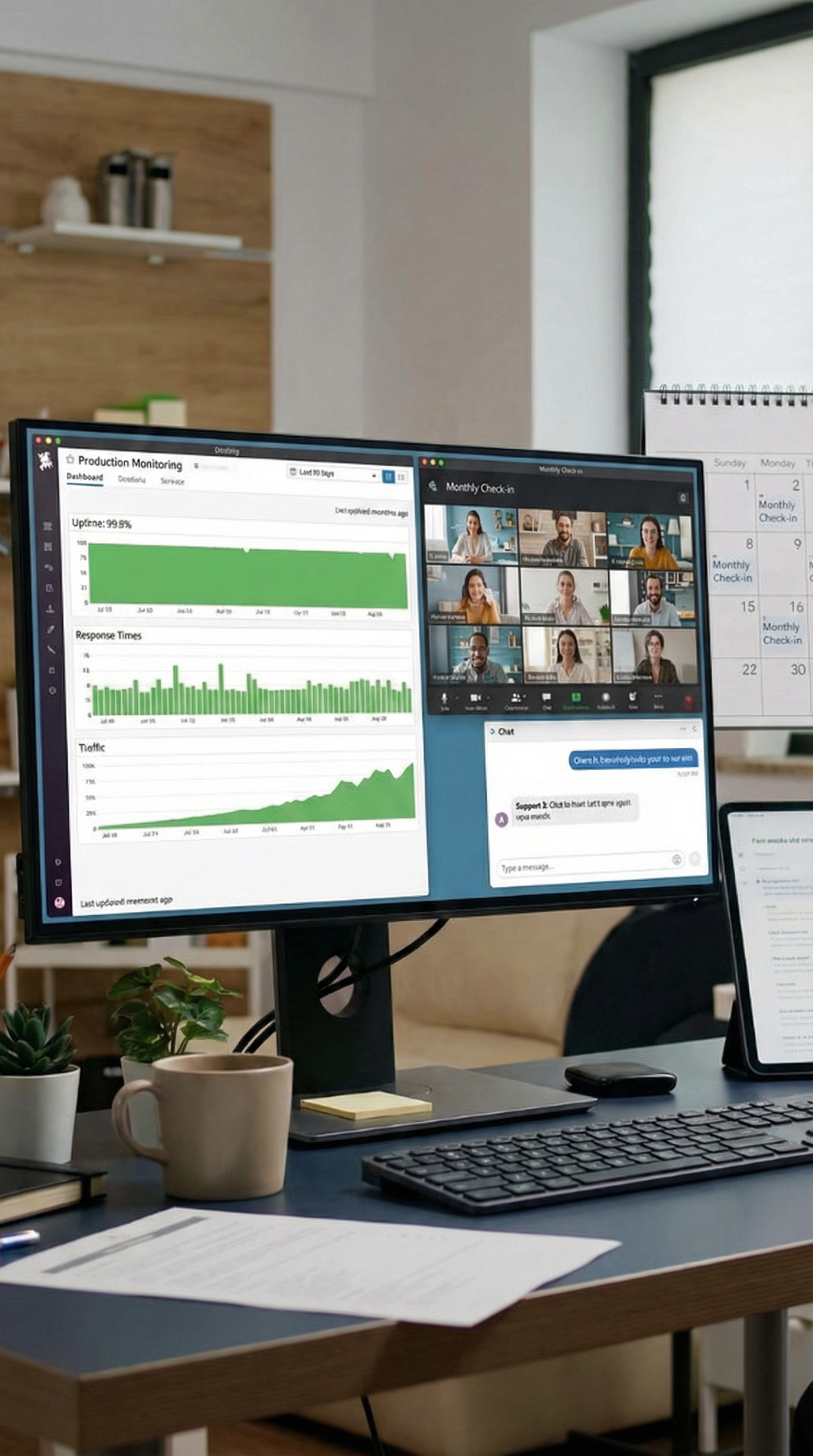 Screen showing healthy uptime metrics during ongoing partnership meeting