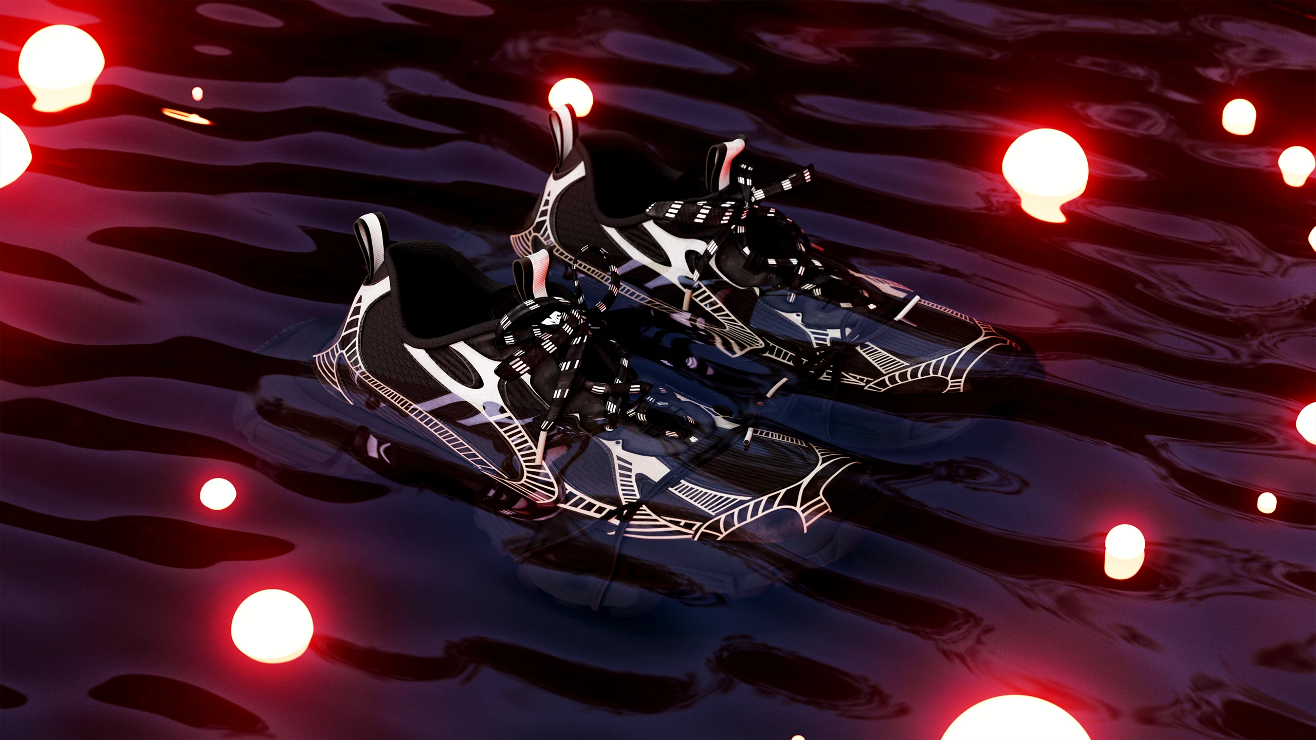 Balenciaga sneakers 3D render floating on dark water with red light orbs