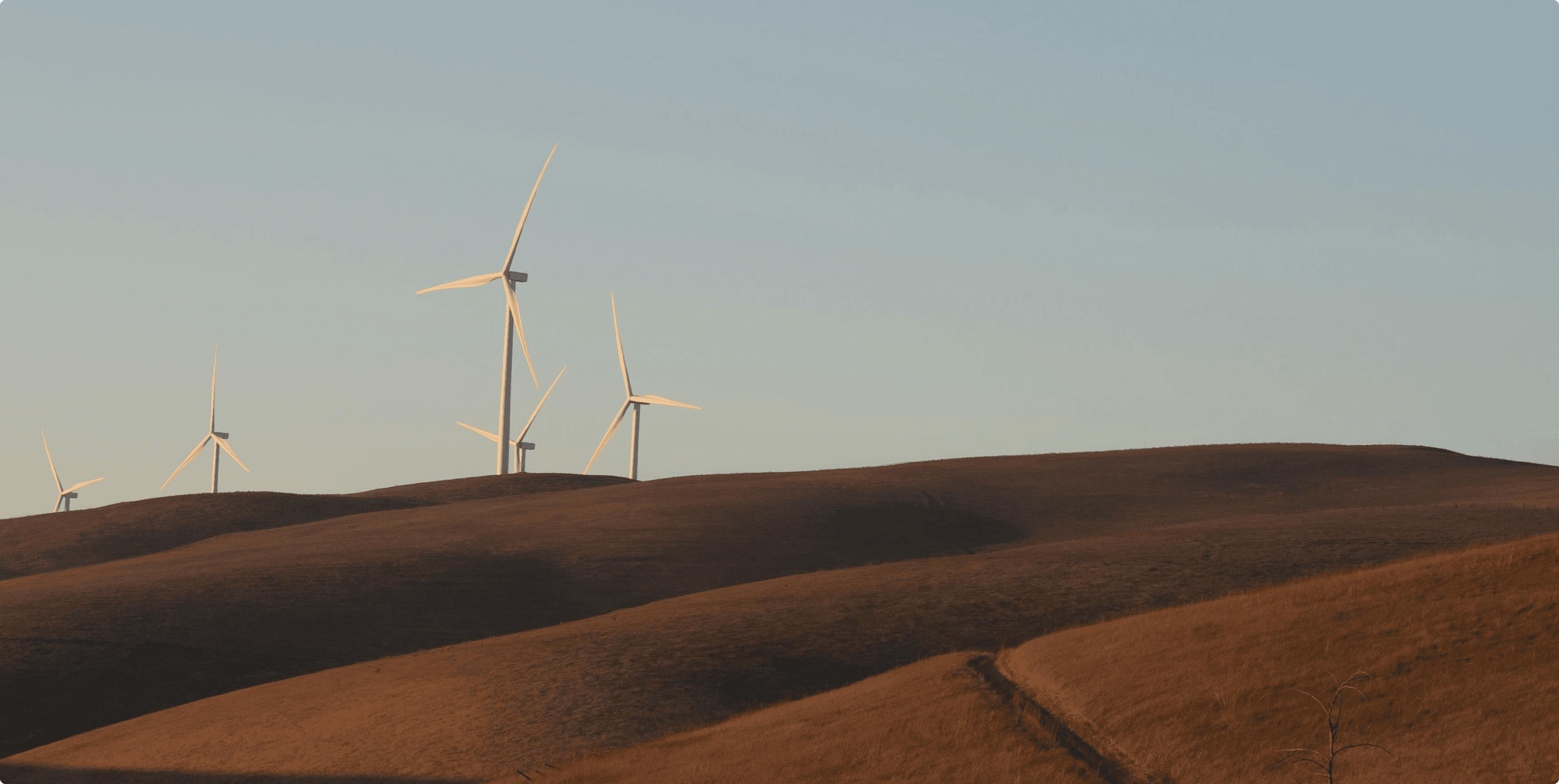 Wind turbines on rolling hills at dusk