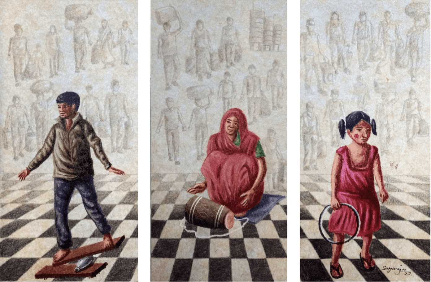 herd of sheep on road painting