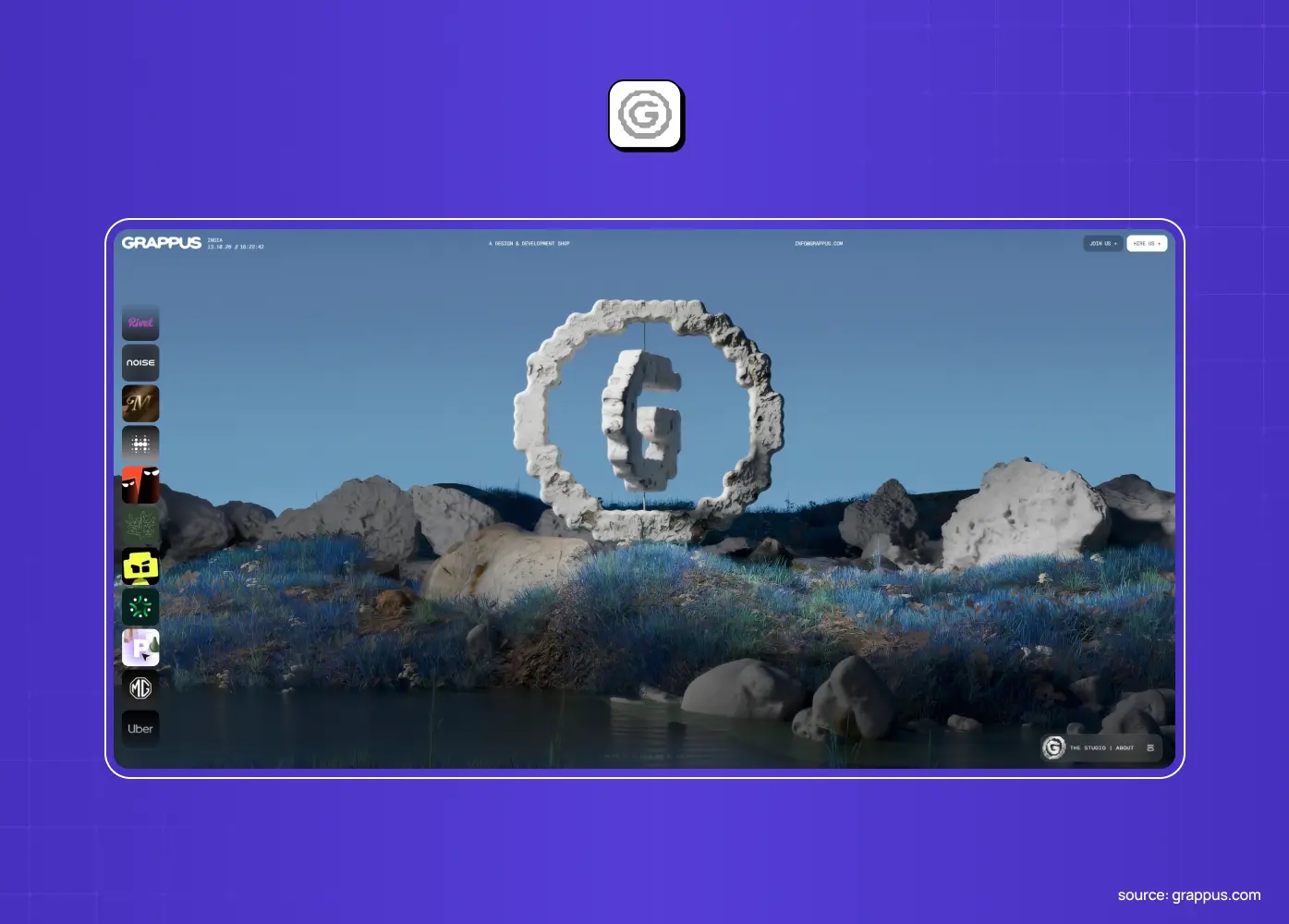 Grappus homepage showing a 3D rocky landscape with the letter G built as a stone monument, and a vertical strip of project thumbnails down the left edge.