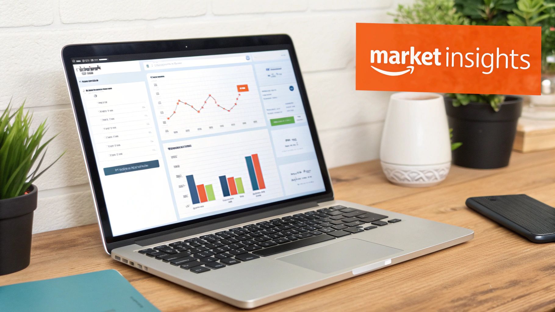 Laptop screen showing charts and data for market insights, with an Amazon logo.