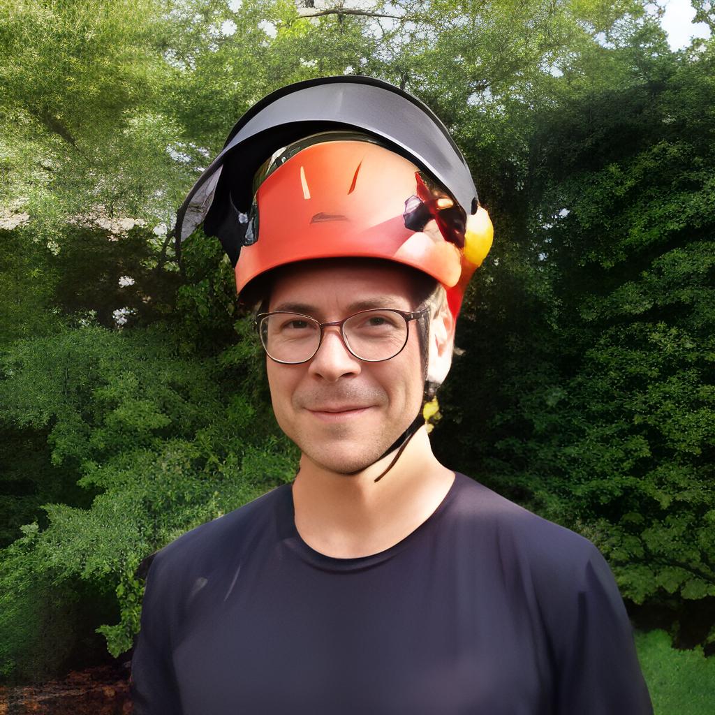 A smiling man with curly hair and glasses stands in a warmly lit room filled with decor and plants.