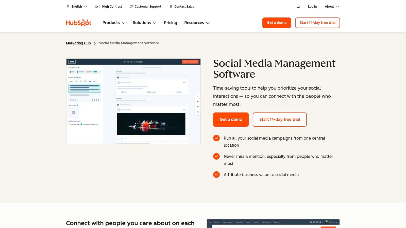 HubSpot's social media management dashboard integrated with its CRM