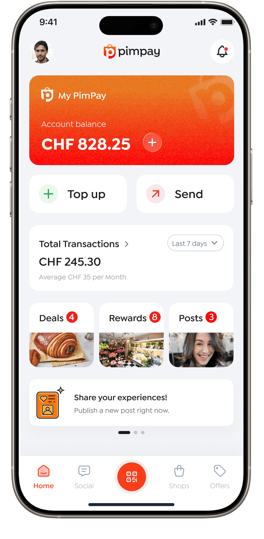 PimPay app home screen showing account balance CHF 3,428.25, with “Top up” and “Send” buttons and total transactions CHF 56,500.