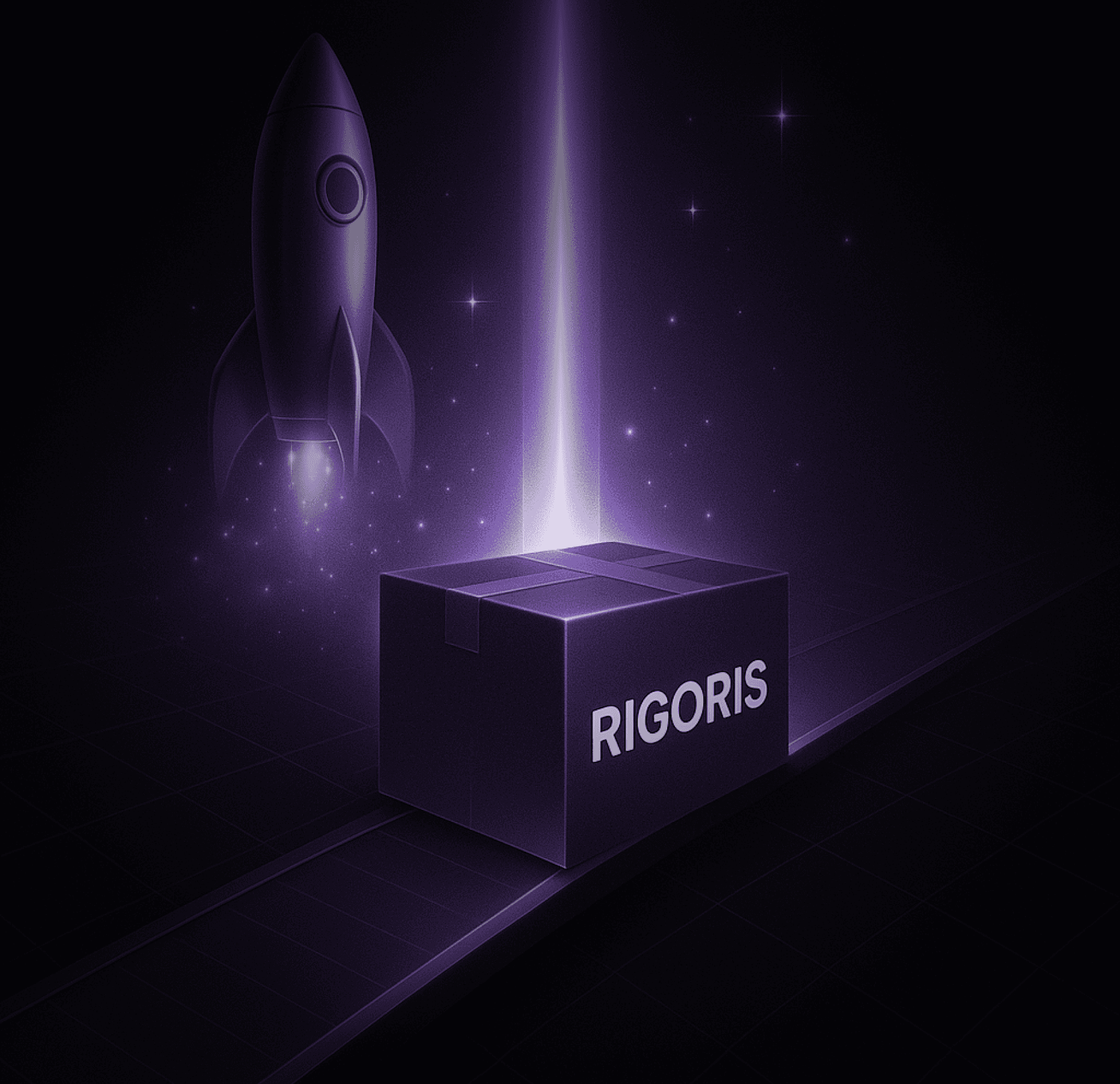 Animated graphic showing glowing purple orbs connected by a light trail, set against a dark background.