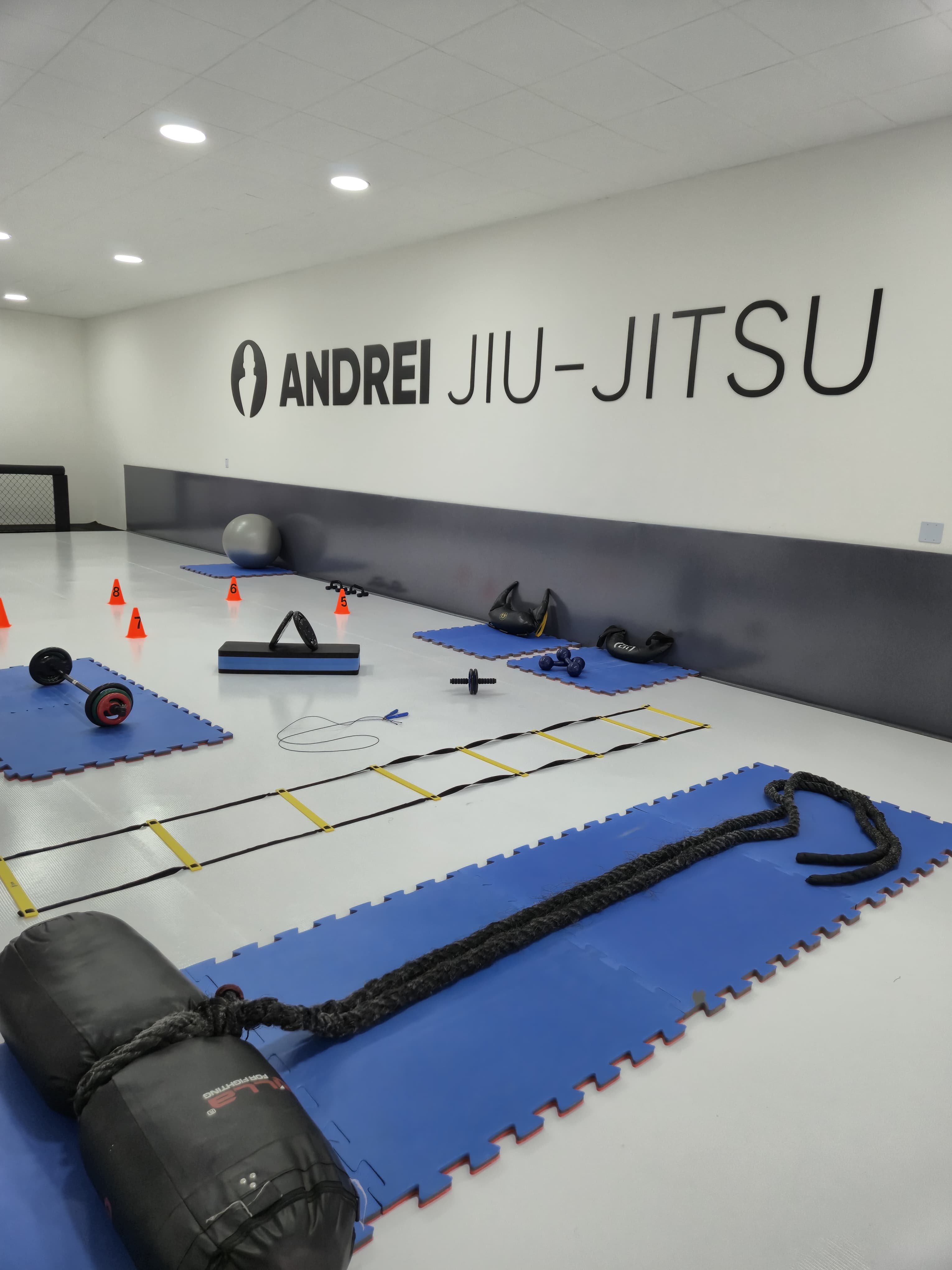 a man standing in a gym holding a rope