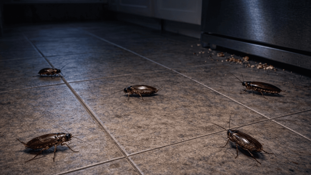 Infestation de cafards sur un carrelage dans une cuisine