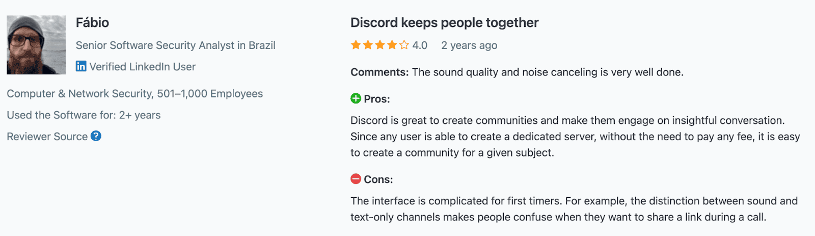 A positive review of Discord on Capterra