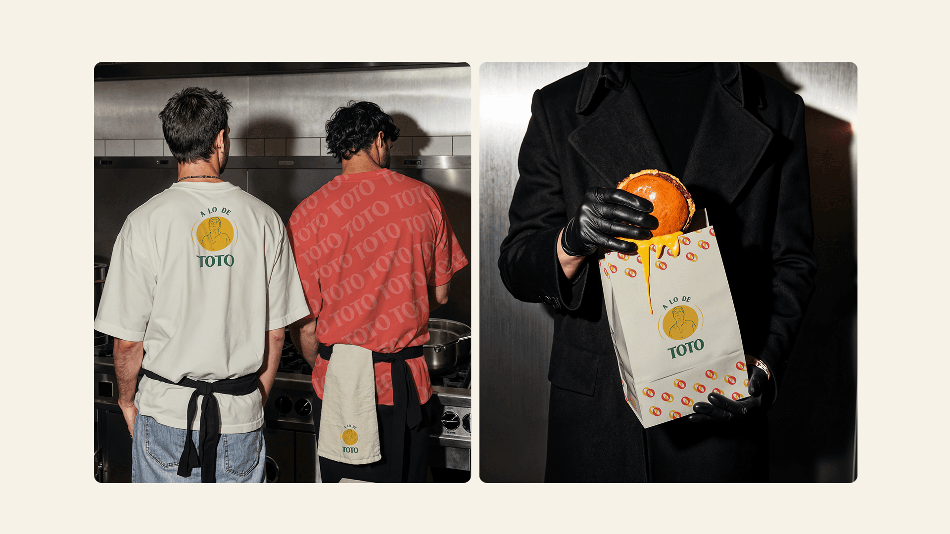 Dos personas de espaldas llevando bolsas de la marca tras una compra en el local gastronómico.