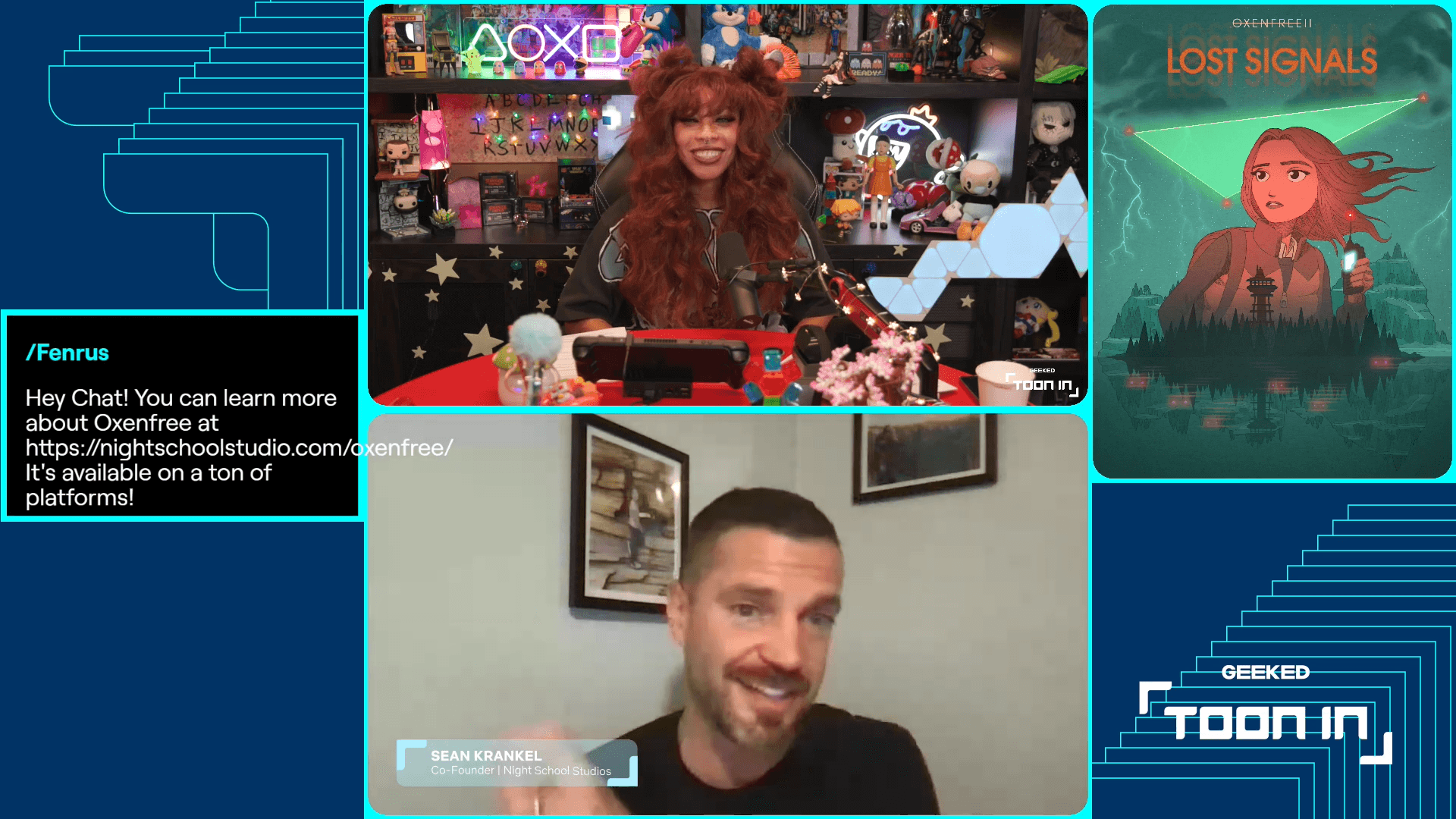 Kiera Please interviews a guest over video on the Geeked: Toon-In stream