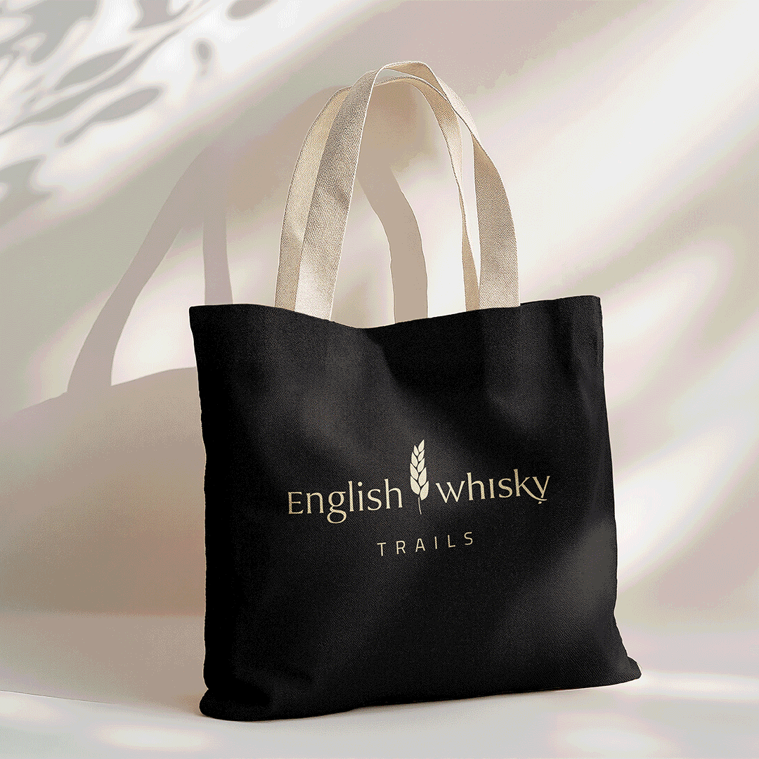 Animated GIF of English Whisky Trails tote bag, merchandise design. 