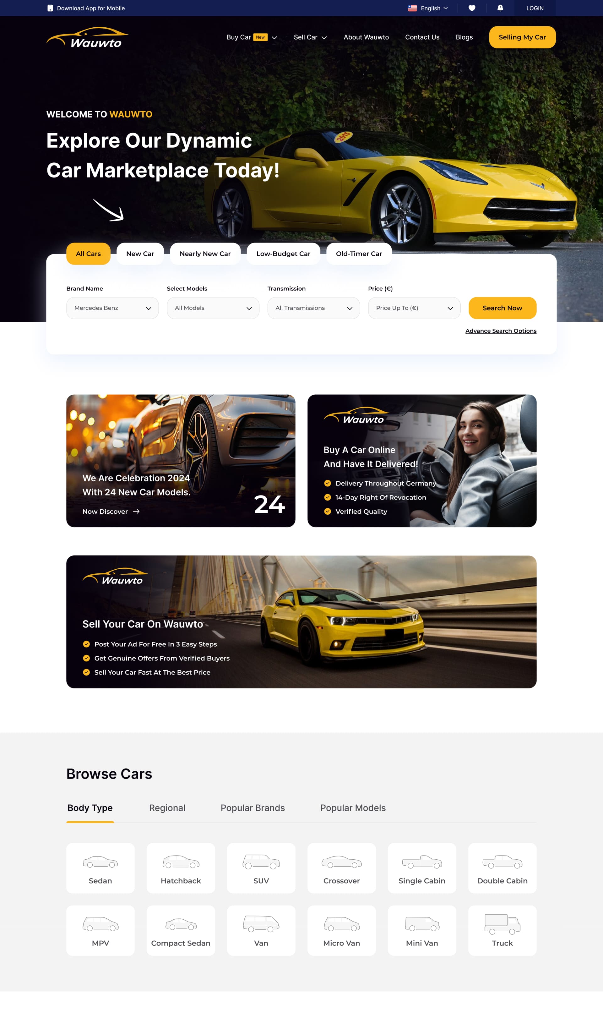 car marketplace website design with vehicle listings and modern search interface | StackAura