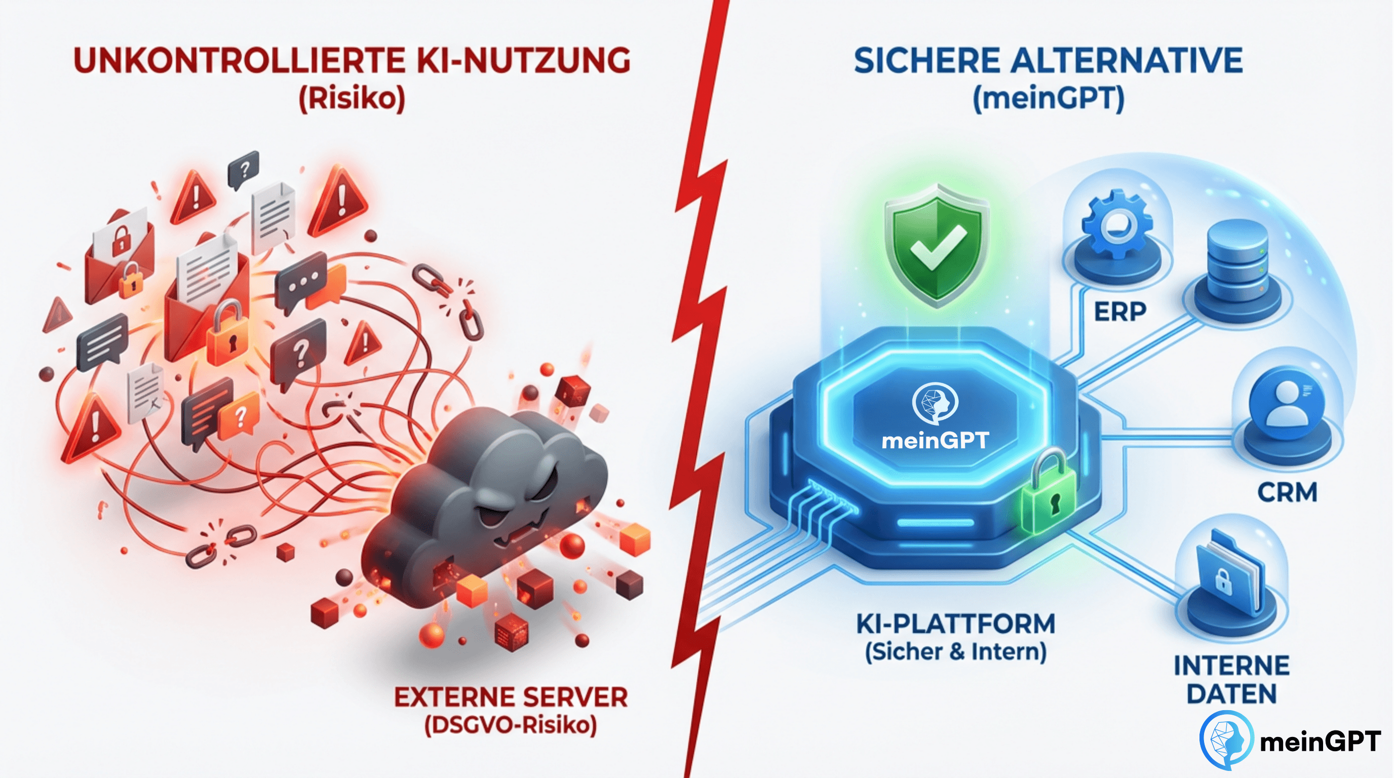 Vergleich unkontrollierte KI-Nutzung vs. sichere ChatGPT Alternative für Unternehmen