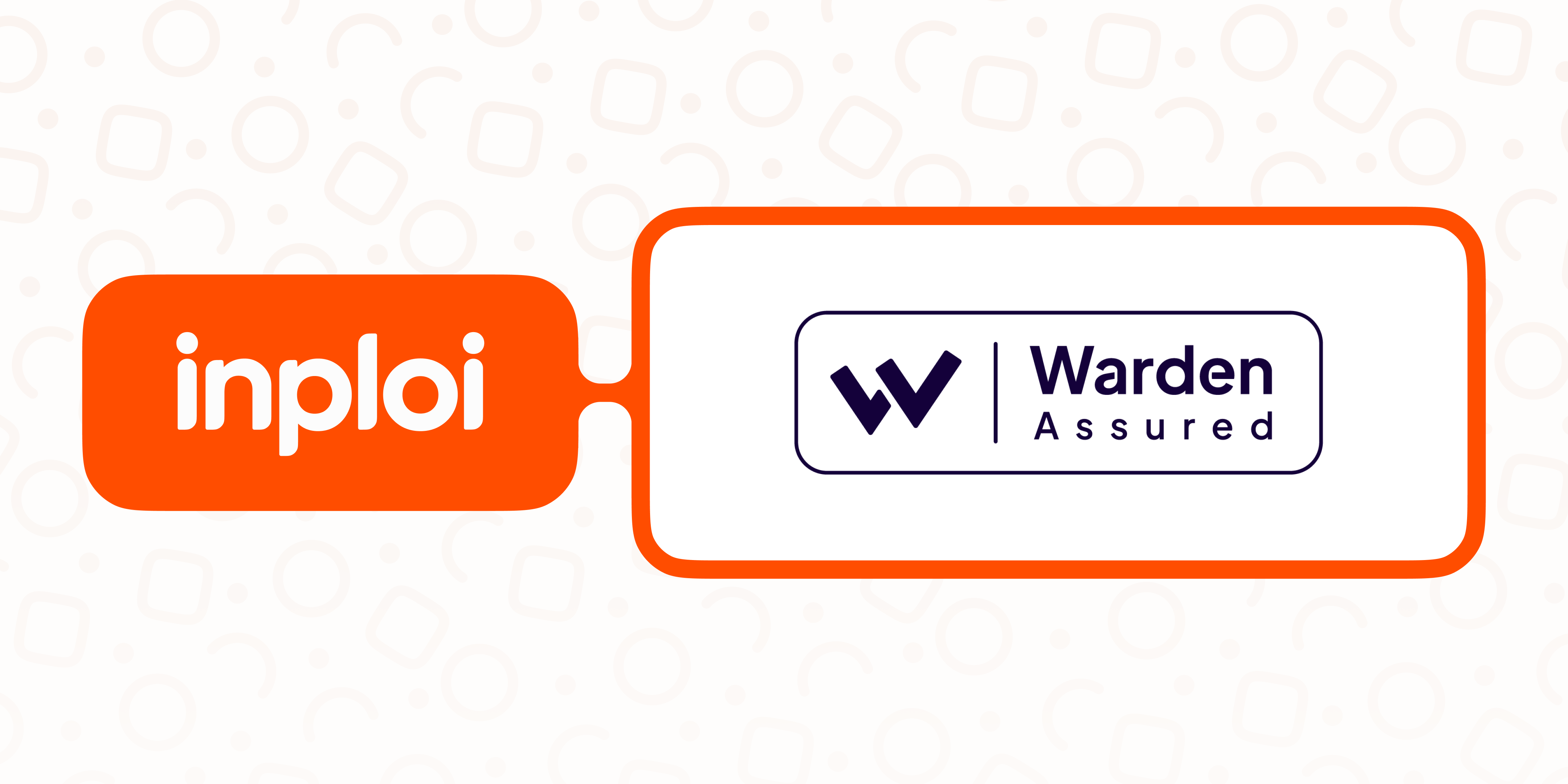 A white background with soft, abstract line icons. On the left, an orange rounded rectangle contains the white inploi logo. On the right, connected by an orange outline, is a white panel featuring the Warden Assured logo in dark purple.