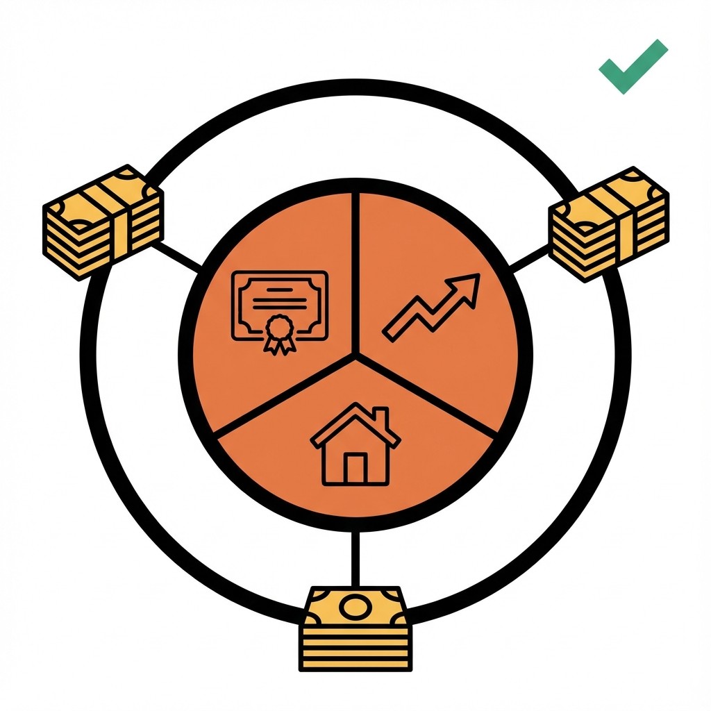 Hier ist ein Alt-Text mit unter 150 Zeichen:

Grafik: Kreis mit Haus, Pfeil und Urkunde, verbunden mit drei Geldstapeln. Ein grüner Haken symbolisiert erfolgreiche Diversifikation.