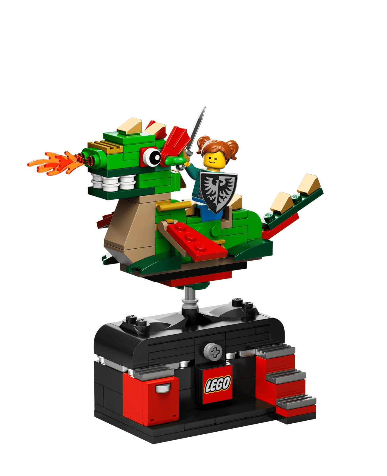 LEGO® Dragon Adventure Ride (sett 6432433) - ferdigbygd grønn drage på svart sokkel med én minifigur, Brikkenerd
