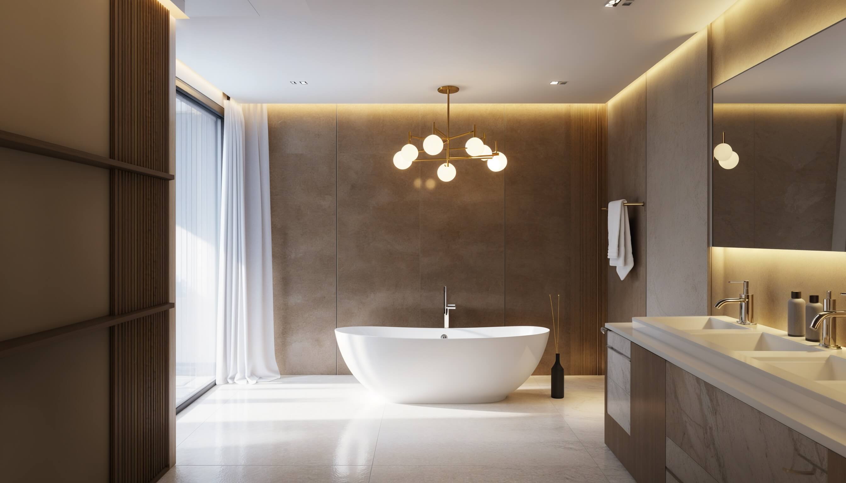 Open concept kitchen featuring a marble island, gold bar stools, and pendant lighting that highlights a modern luxury condo interior design.