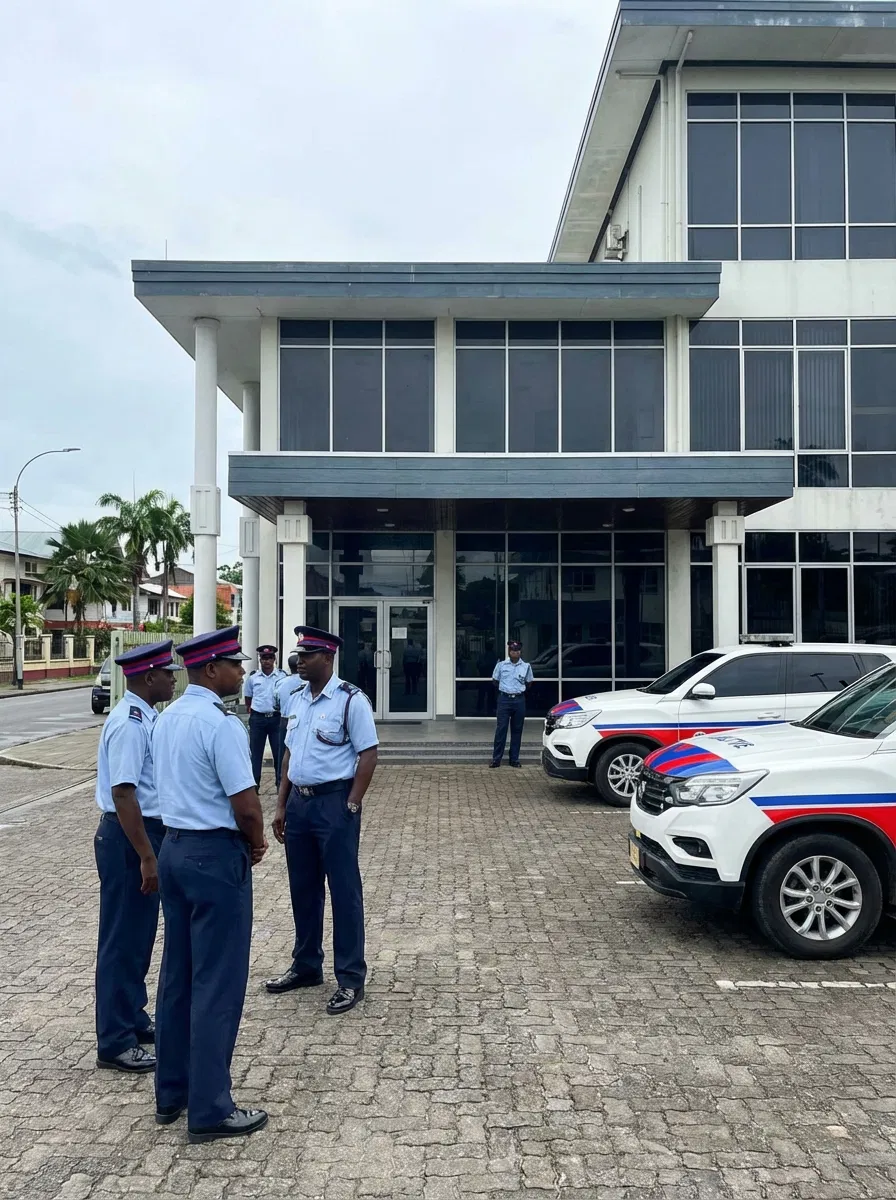 Suriname police presence outside an official police building in Paramaribo.