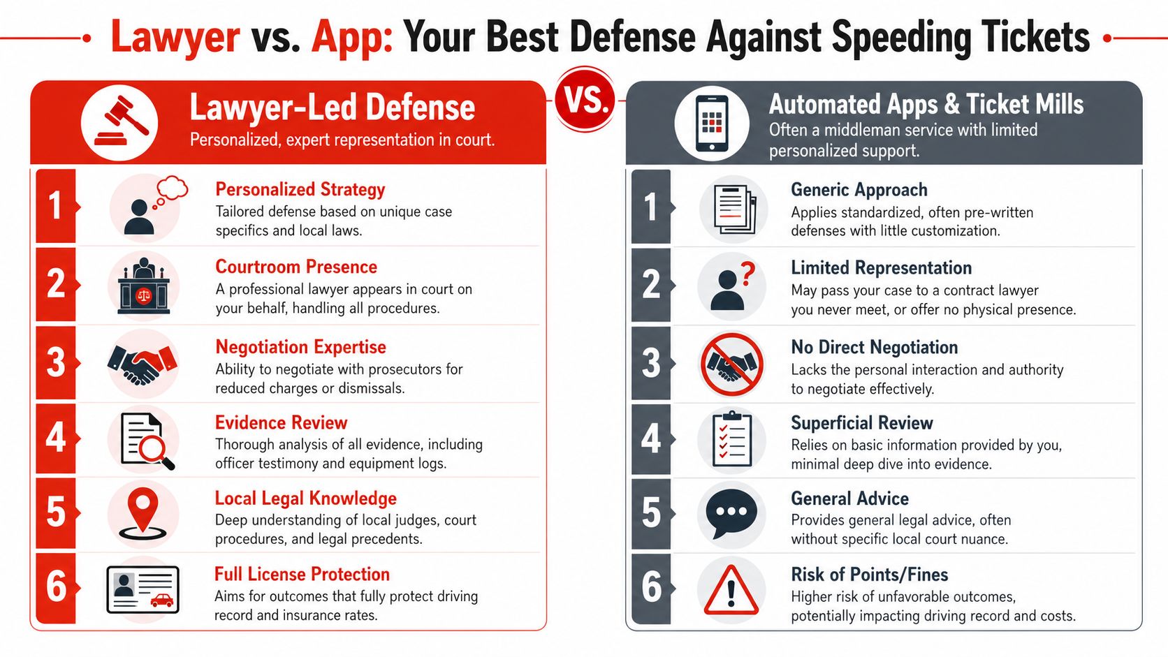 A comparison infographic between lawyer-led defense and automated apps for handling speeding tickets.