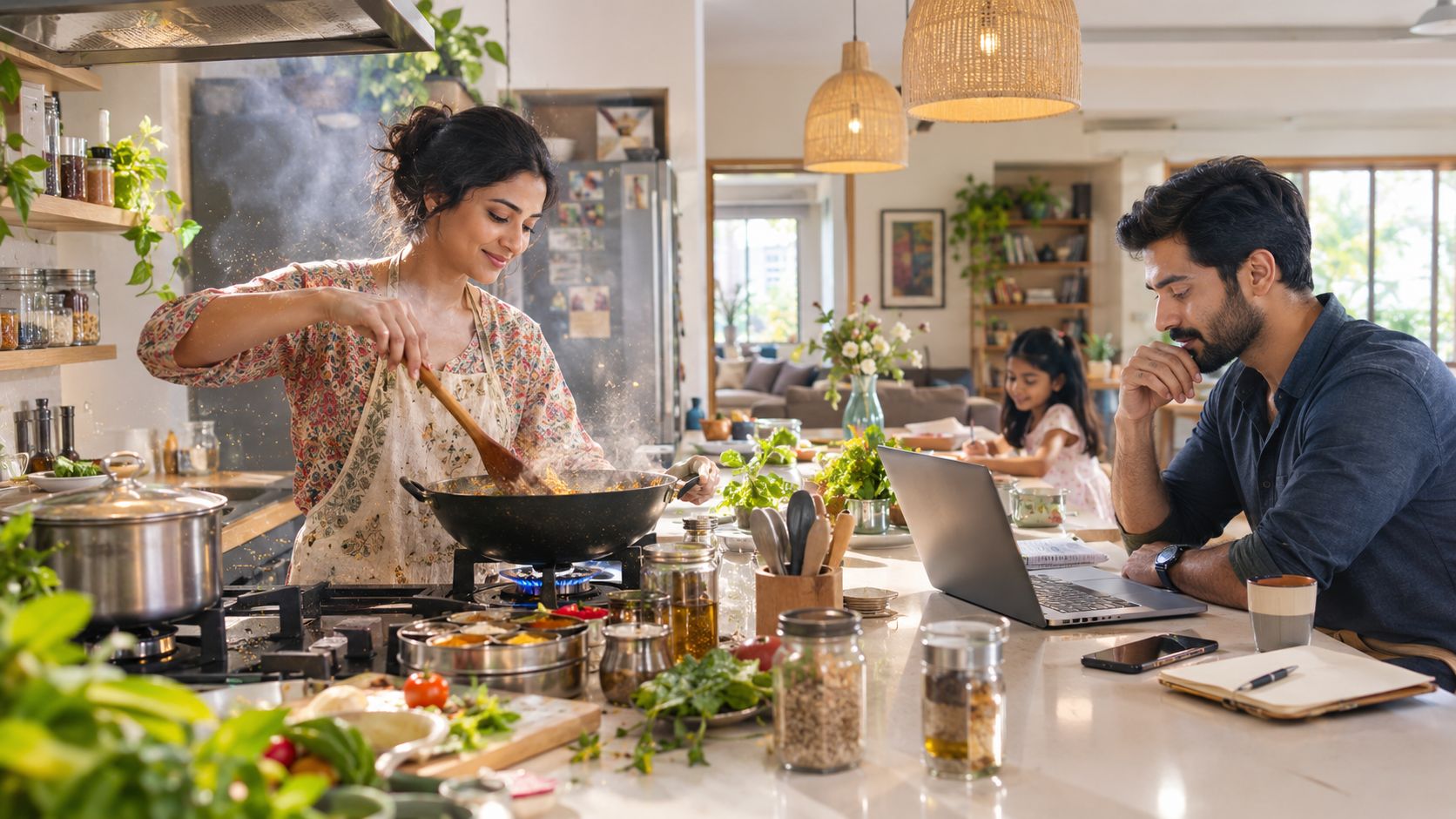 A woman cooks in a kitchen while a man works on a laptop nearby in a home.