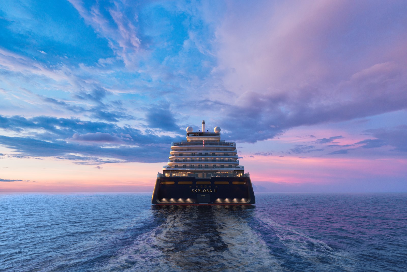 EXPLORA II, Explora Journeys, exterior at dusk