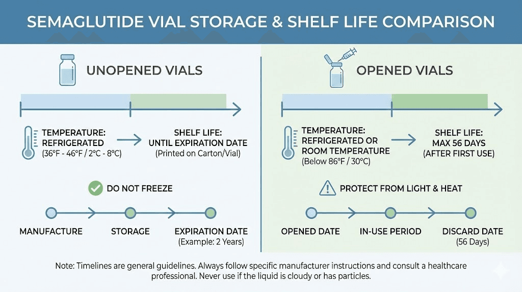 Semaglutide vial shelf life comparison chart for opened and unopened storage