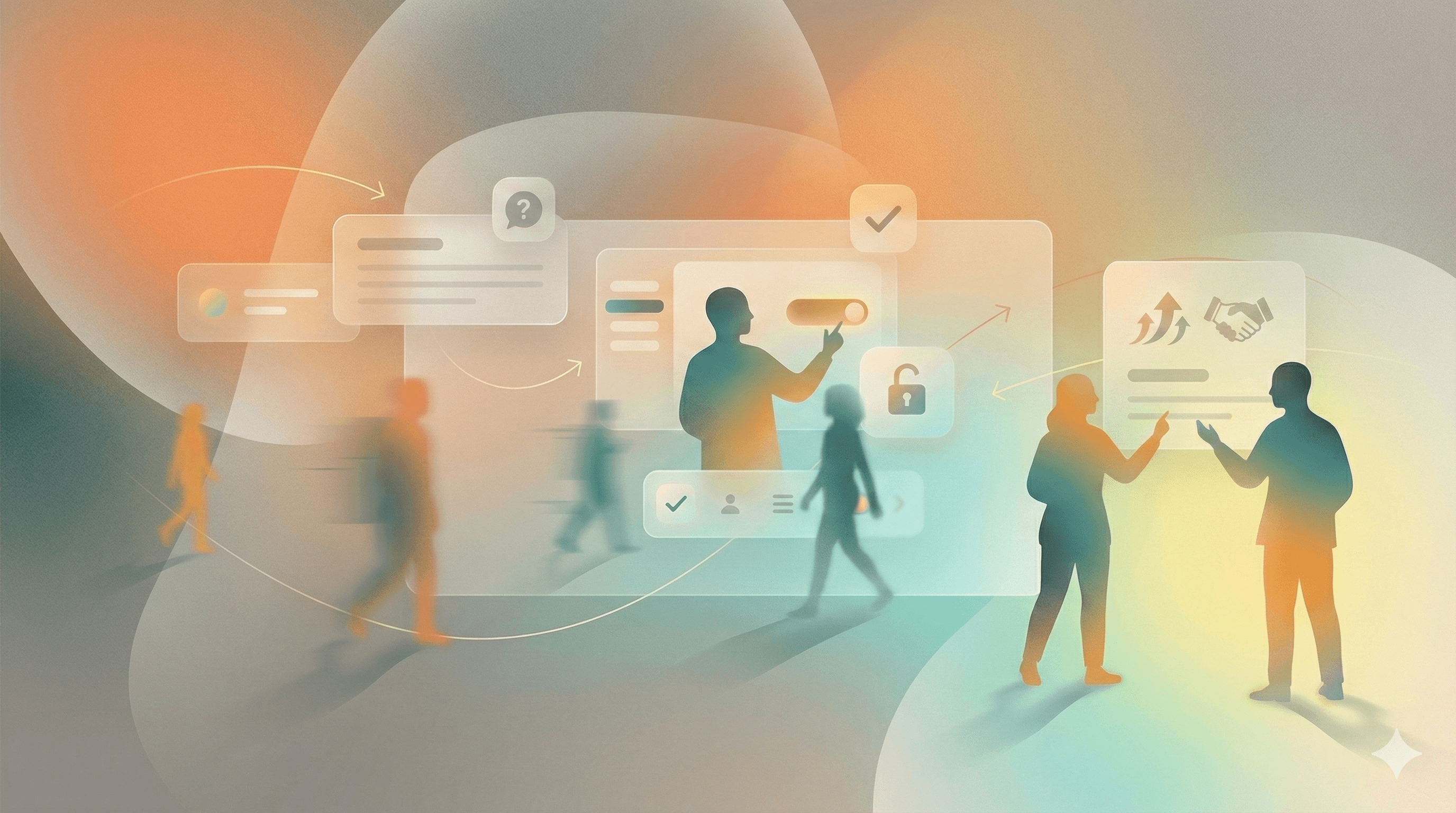 Ilustración abstracta de personas frente a una interfaz web con iconos de pregunta, check y candado, mostrando una FAQ de conversión que resuelve objeciones y guía al CTA