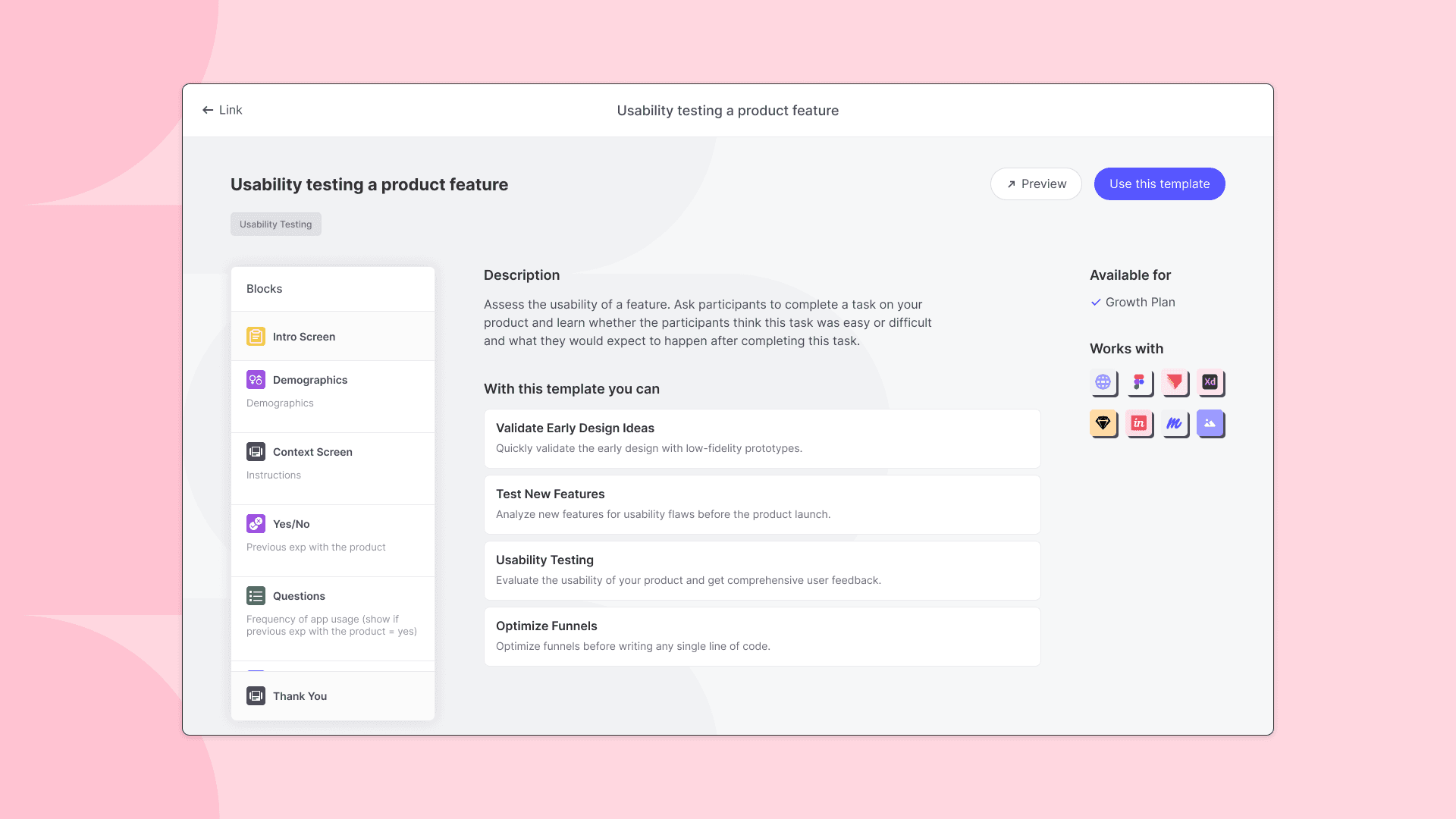 Ready made UX research template for usability testing a product feature by Useberry.