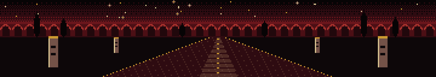 A pixel-art Roman road at dusk with milestones and an aqueduct.