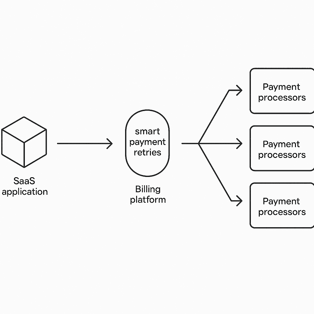 Architecture diagram showing billing platform connecting through smart retries API to multiple payment processors.