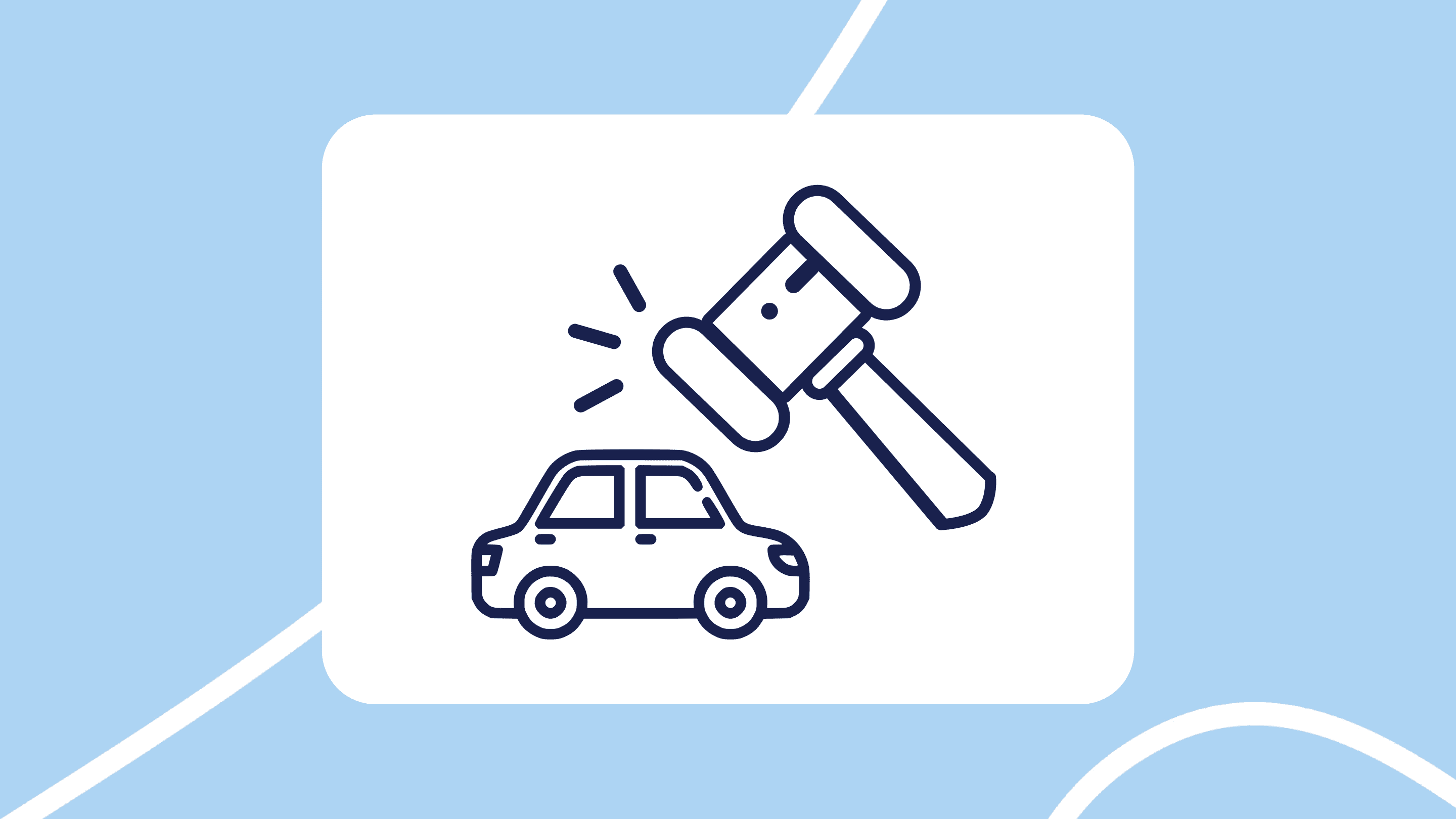 lustración en estilo icono: un coche pequeño y, encima, un mazo de juez golpeando (símbolo de subasta o adjudicación), dentro de un recuadro blanco sobre fondo azul claro.