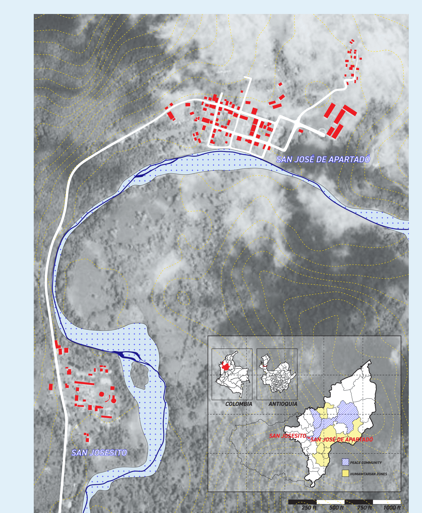 Site and regional context of San José de Apartadó and San Josesito, Colombia.