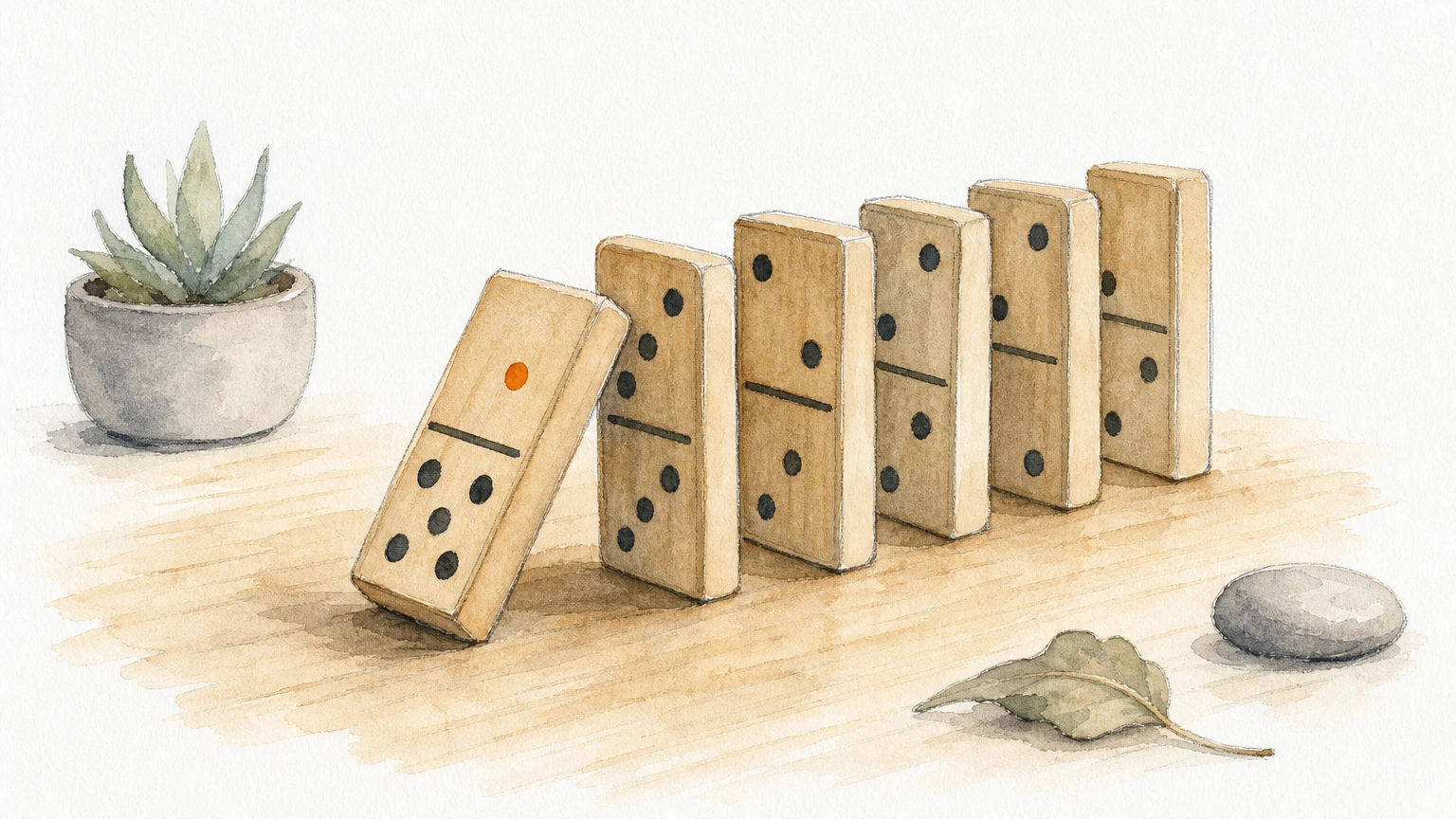 Six dominoes stand in a curved row, the first one tipping, showing steps that happen one after another.