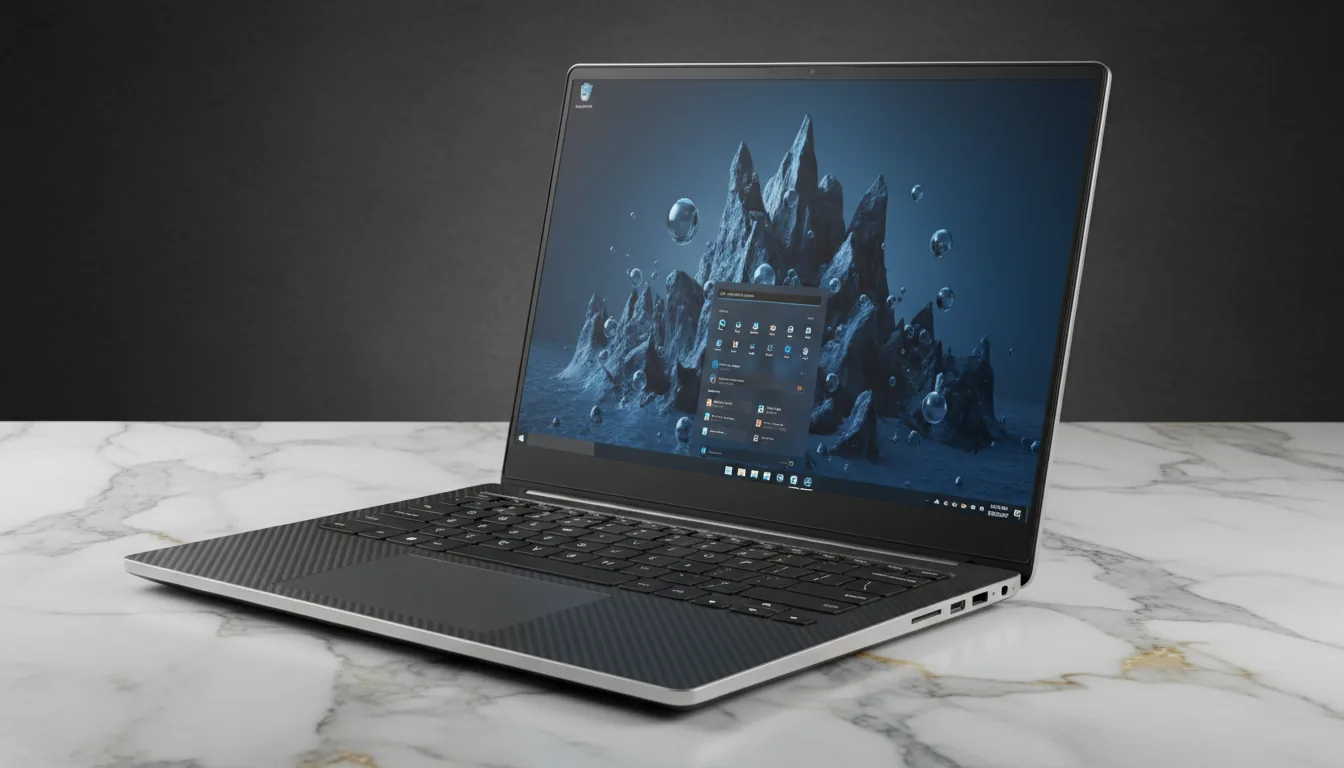 DSLR product photograph of a sleek, dark grey high-performance workstation laptop on a polished white marble countertop with grey and gold veins. The laptop is open at a three-quarters angle against a textured, dark charcoal background. The shot uses soft studio lighting, creating clean highlights on the device. The laptop features a carbon fiber weave texture on the palm rest and a silver aluminum trim. The screen has ultra-thin bezels and displays a Windows 11 UI with a surreal, dark blue wallpaper of a rocky landscape with floating chrome water droplets. The focus is sharp on the laptop with a subtle depth of field.