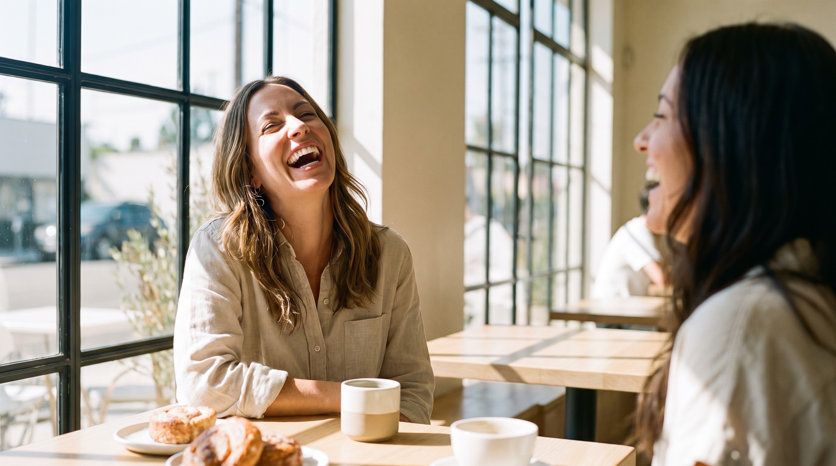Woman laughing with a friend over coffee at a sunlit cafe showing a bright natural smile