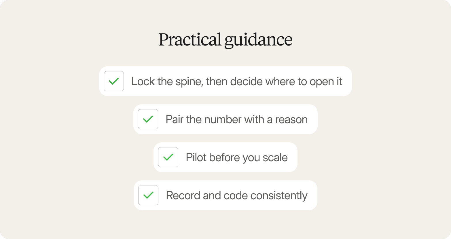 List titled "Practical guidance": lock the spine then decide where to open it, pair the number with a reason, pilot before you scale, and record and code consistently.