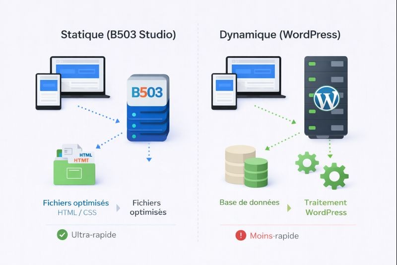 Schéma UX comparatif montrant la différence entre un site statique B503 Studio, basé sur des fichiers HTML/CSS optimisés et ultra-rapides, et un site dynamique WordPress reposant sur une base de données et des traitements serveur plus lourds.