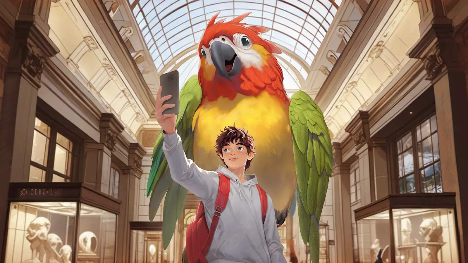 Selfie Boy taking a photo with a giant parrot in a museum