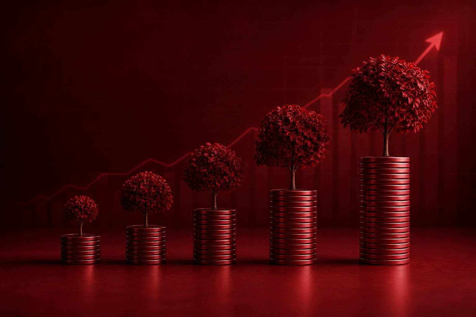 Financial growth marketing in Saudi Arabia – stacked coins with trees symbolising investment growth and business scaling